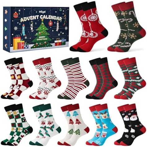 Advent Calendar 2025 Adult Men 12 Days of Christmas Cotton Socks US 7-13 Fun Christmas Sock Advent Calendar for Men Funny Gifts for Dad Boyfriend Husband Brother