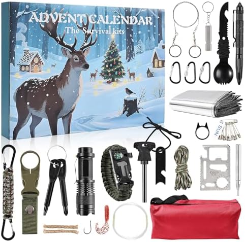 Survival Advent Calendar 2025 for Men 24-Day Christmas Countdown Survival Tools Calendar for Adults and Teen Boys Christmas Outdoor Adventure Gifts for Dad Boyfriend Husband Son