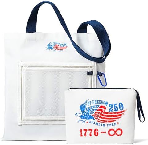 Vintage 250th Anniversary Canvas Tote Bag with Makeup Zipper Pouch & Transparent Patch Display, Reusable Canvas Bag for Women, Personalizable Pin Bag for Badges & Keychains, White